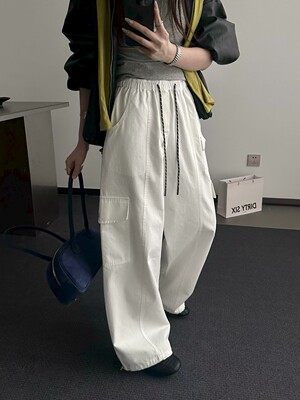 左维8655春季新款时尚百搭宽松显瘦抽绳松紧腰口袋薄款休闲裤女裤