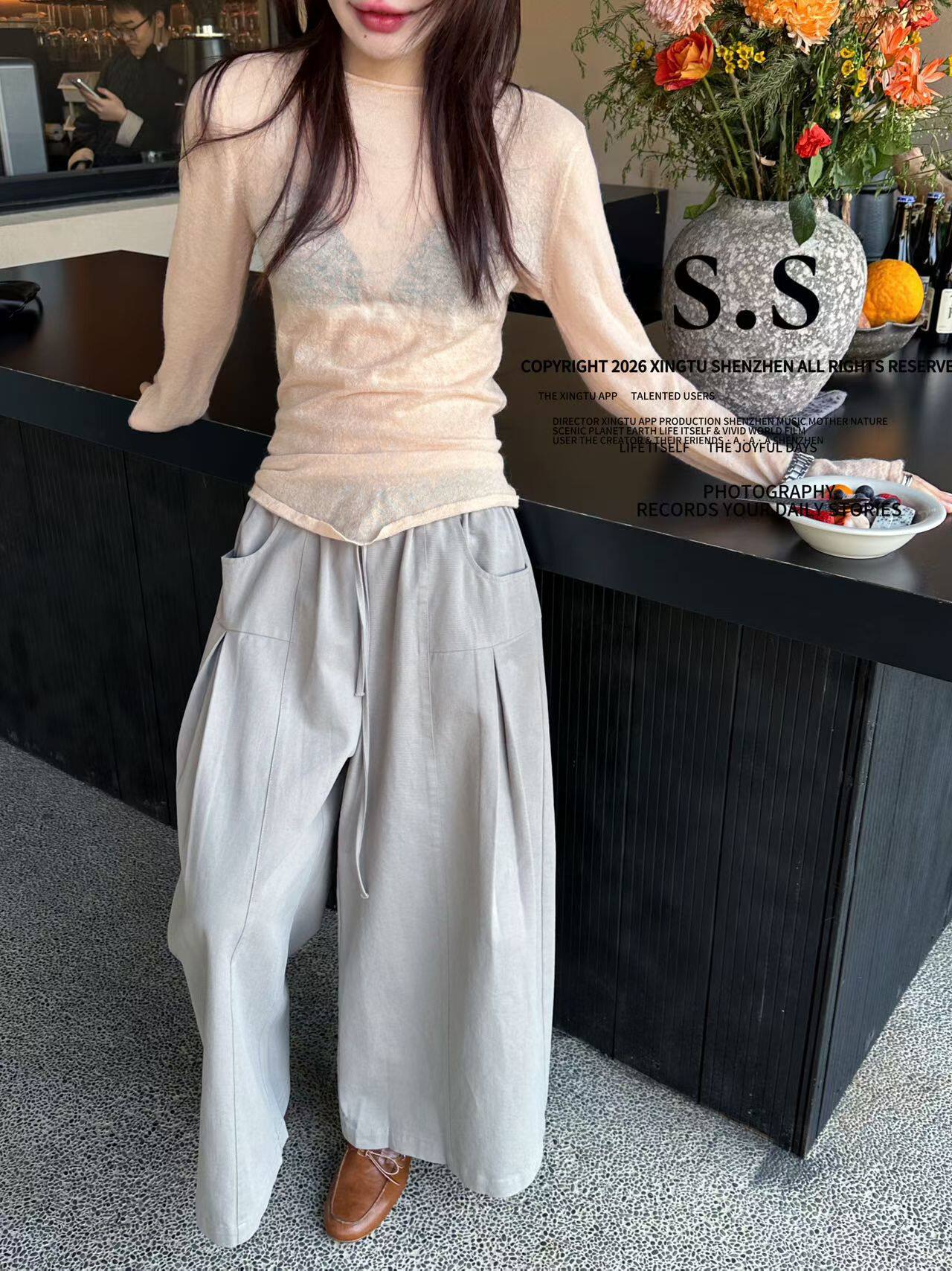 S-SHE57012春季新款欧货慵懒抽绳松紧腰中缝拼接麻料阔腿弯刀裤女