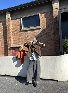 S-SHE56267羊毛呢八分阔腿裤女加绒2024冬新款宽松显瘦