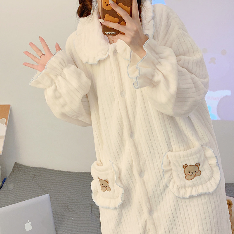 珊瑚绒加厚睡裙女可爱卡通小熊秋冬季保家暖居服法兰绒睡衣少女生