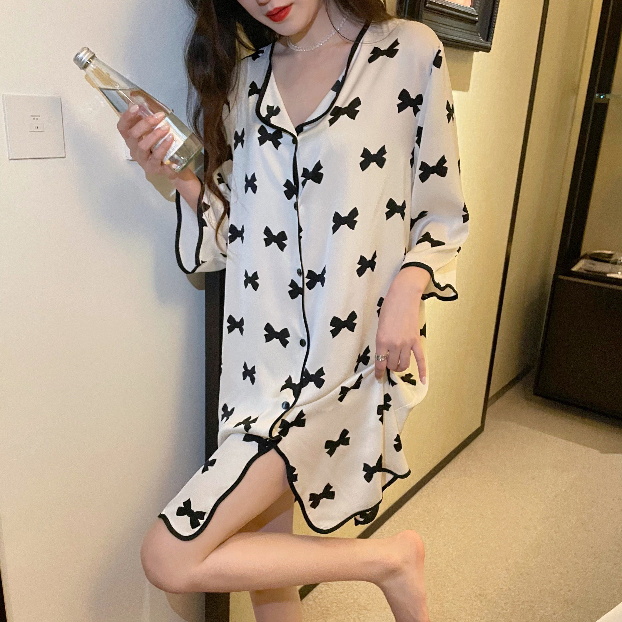 维多控2025新款睡裙女夏季真丝绸薄款网红中长款蝴蝶结衬衫睡衣薄