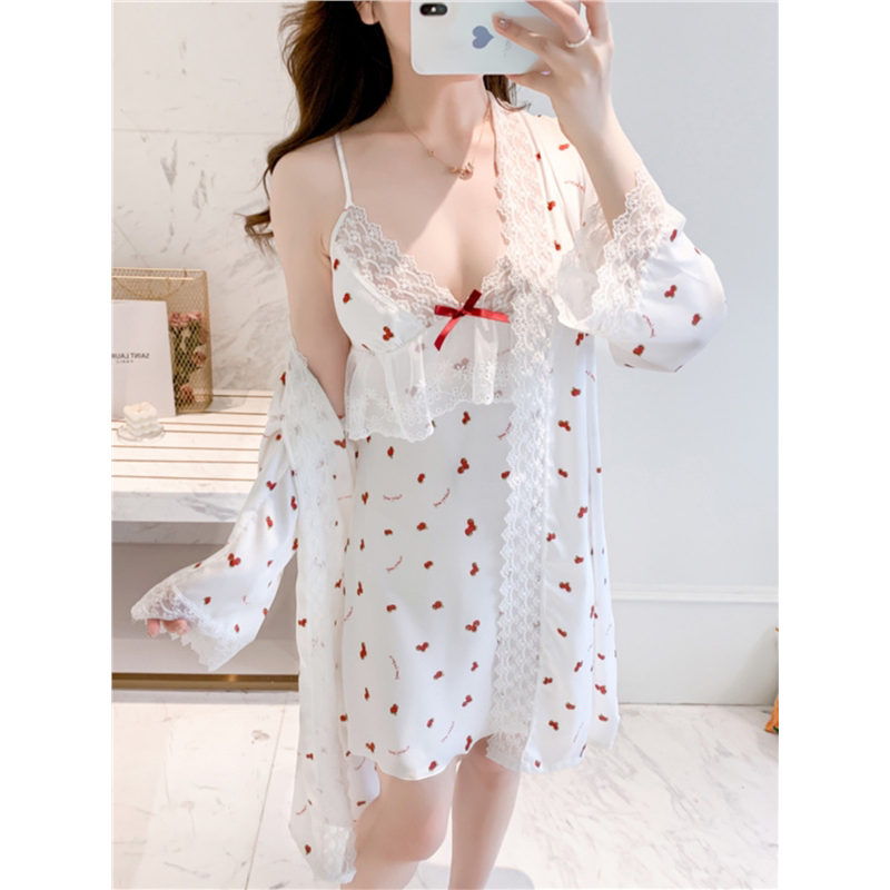 真丝吊带睡裙女士带胸垫性感睡衣睡袍两件套高级感蕾丝甜美家居服