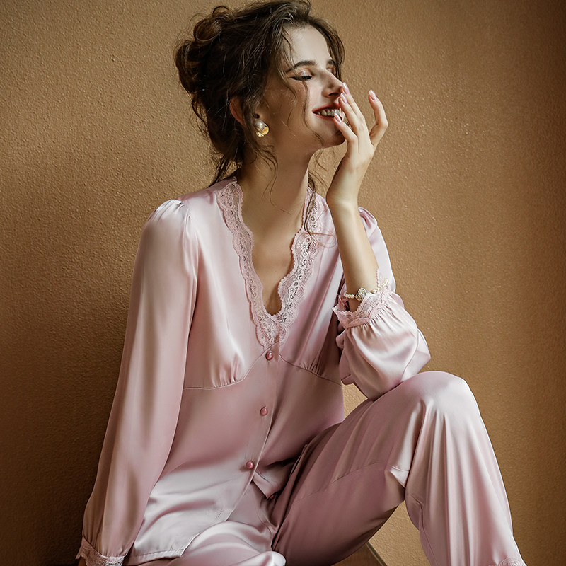 维多控2025年性感真丝睡衣女春公主风蕾丝甜美桑蚕丝家居服套装