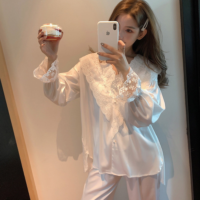 维多控公主风白色睡衣女春长袖性感蕾丝甜美薄款v领真丝绸睡衣夏
