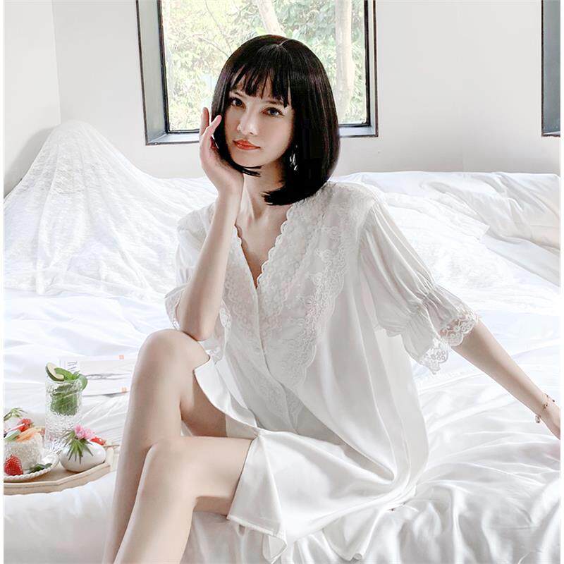 维多控真丝性感睡衣女春夏短袖中长款蕾丝甜美白色睡裙薄款家居服