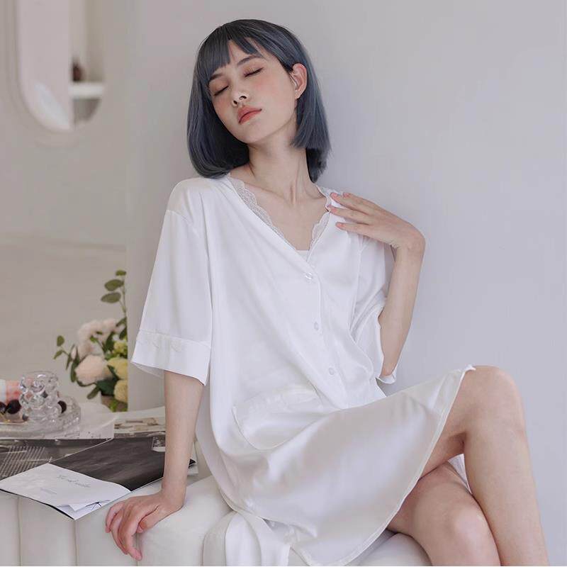 2025高级感白色女睡裙V领性感蕾丝花边甜美真丝睡衣夏短裙