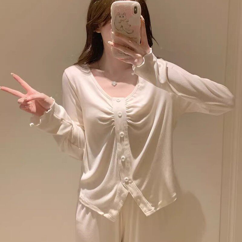 维多控莫代尔睡衣女法式2025春秋款纯棉高级感带胸垫家居服两件套