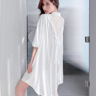 睡衣女春夏季真丝薄款性感蕾丝露背丝绸睡裙中袖衬衫家居服