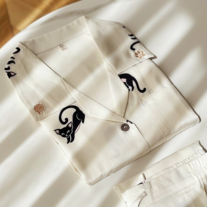 真丝情侣睡衣女夏天高级感猫咪男士丝绸家居服套装春秋薄