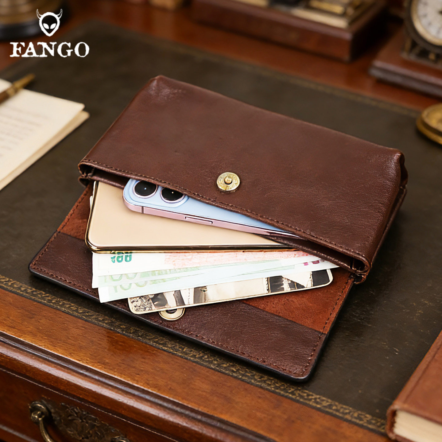 头层植鞣牛皮大屏手机包男女多功能手拿包复古真皮两部手机收纳包