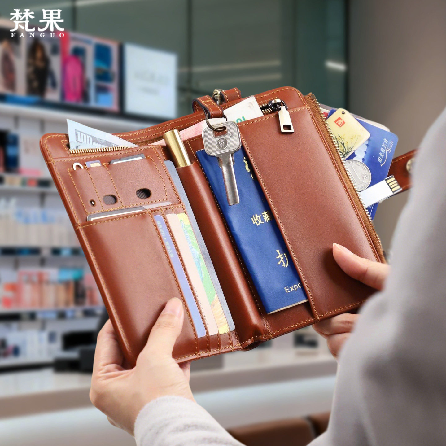 真皮护照包男女多功能钱包卡包一体收纳包牛皮挂脖登机旅行证件包