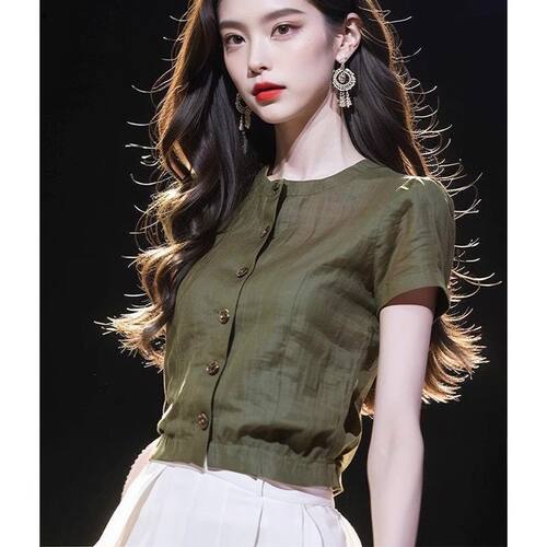 法式轻薄短袖衬衫女士高级设计感众夏季新款独特漂亮小衫短款上衣