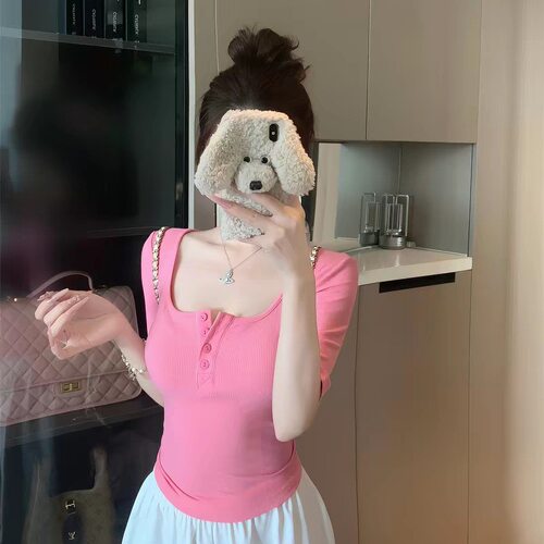 江阪丽奈辣妹亨利U领半袖正肩T恤女夏季修身显瘦粉色上衣26126