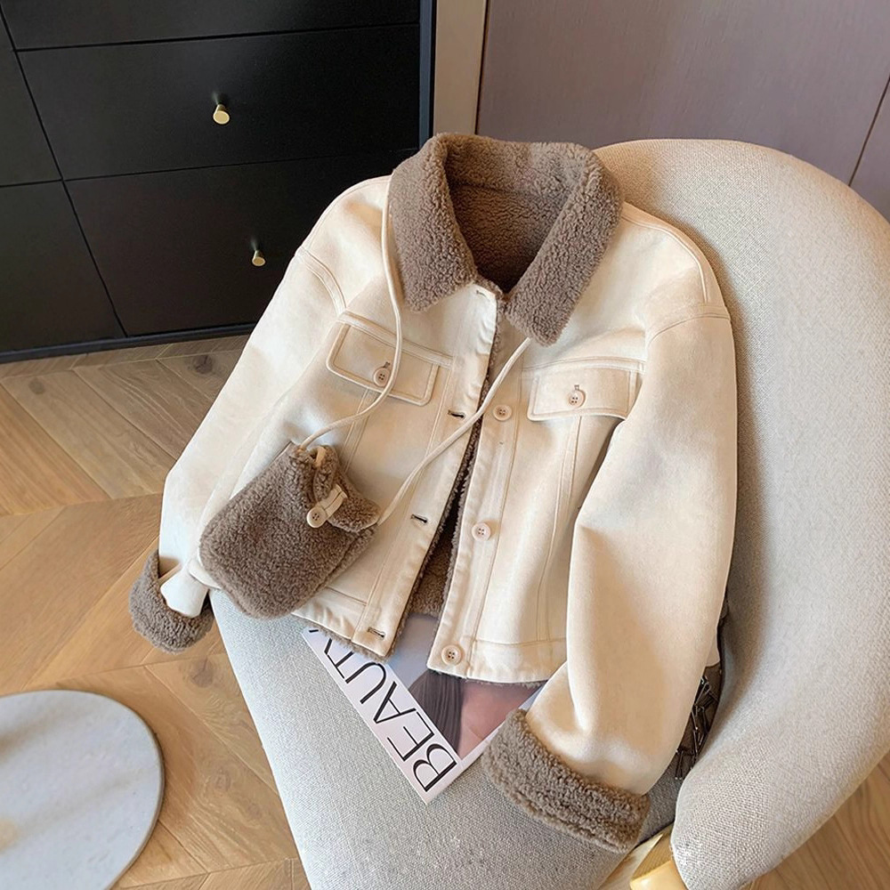 韩系麂皮羊羔毛短外套女2025秋冬新款宽松加厚小个子皮毛一体