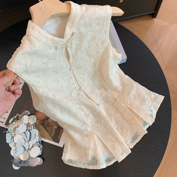 夏季新款新中式刺绣无袖衬衫女收腰小个子短款气质感百搭上衣