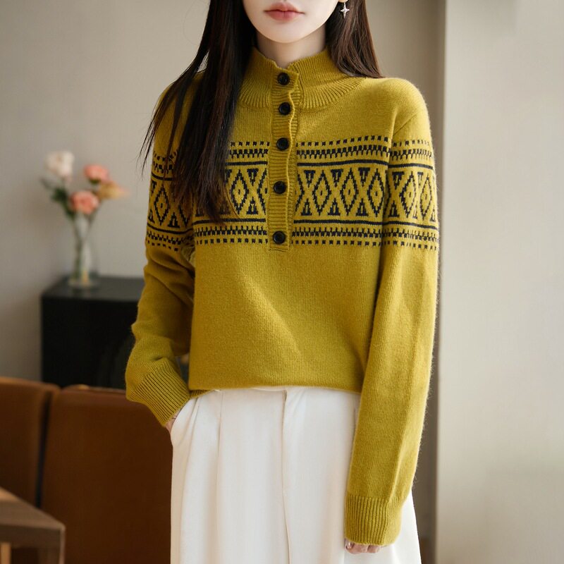 2025年秋冬新款复古浣熊绒七针加厚半高领半开针织衫提花软糯毛衣
