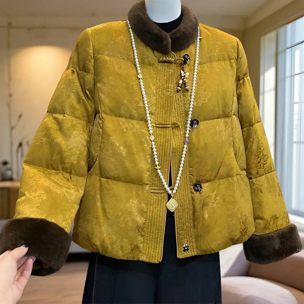一件代发新中式黄色国风毛领羊绒棉服冬季新款盘扣小棉袄棉衣女