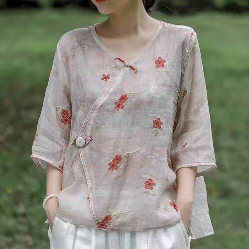 碎花玉扣新中式国风斜襟盘扣女2025夏季新款宽松休闲民族风上衣女