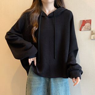 黑色连帽正肩长袖卫衣女春季新款大码微胖mm显瘦欧货时尚打底帽衫