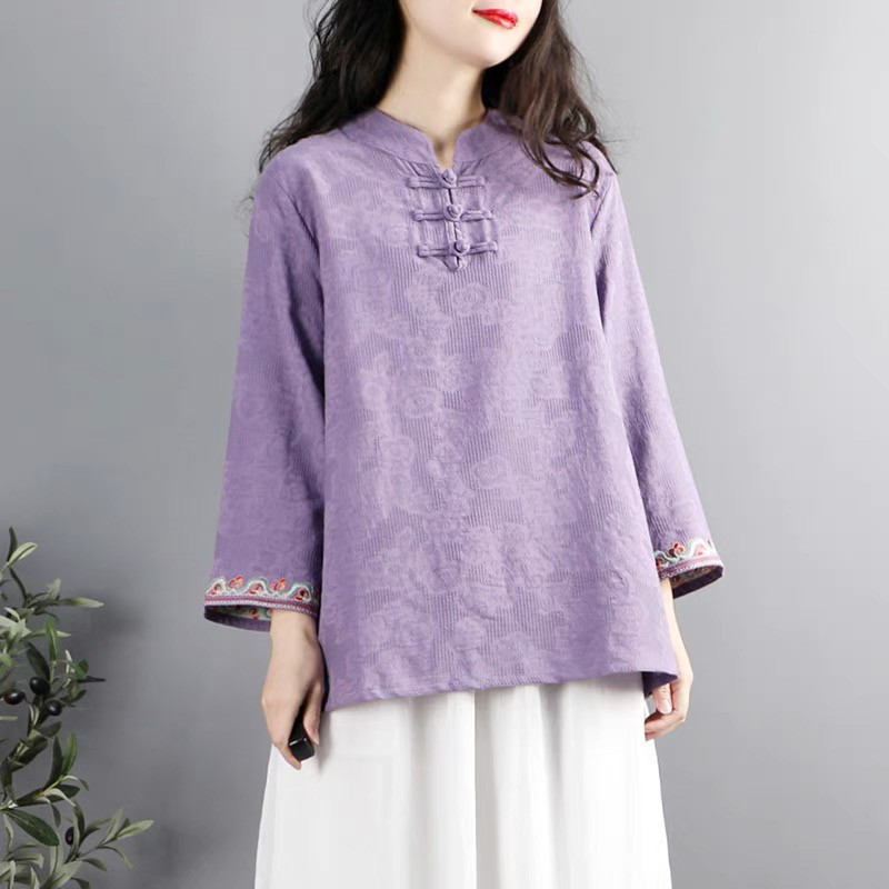 新中式复古盘扣棉麻上衣女春装中国风禅意茶服民族风文艺时尚衬衫