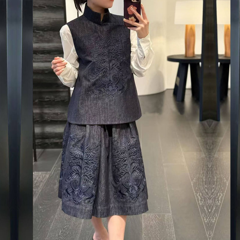 马小凯M ESSENTIAL花青牛仔菩提白象密绣中式斜襟绣花半裙伞裙女