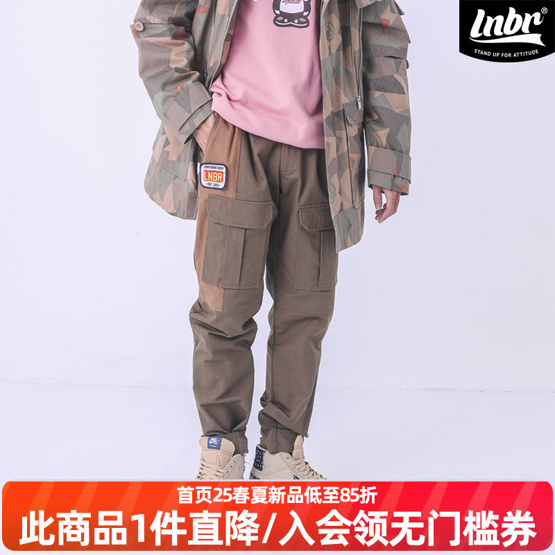 lnbr熊電秋冬拼色口袋束腿工装裤