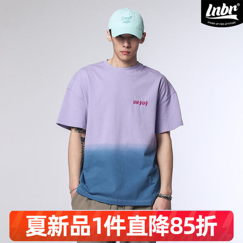 LIGHTNING BEAR熊電25夏季新品渐变色字母印花短袖宽版T恤加大码