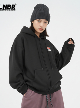 LIGHTNING BEAR潮流加肥加大宽松型大码黑色宽松休闲拉链连帽卫衣