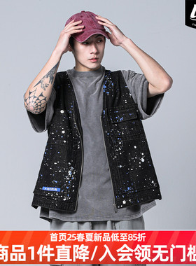 LNBR熊电黑色牛仔马甲男春夏复古泼墨印花宽松无袖外套百搭潮