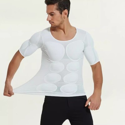 新款无痕白色假肌肉衣服男士t恤