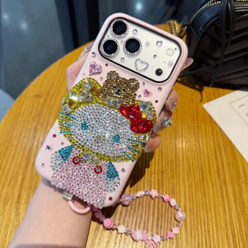 苹果17ProMax水钻手机壳女款iPhone16带钻石15plus卡通猫14适用13