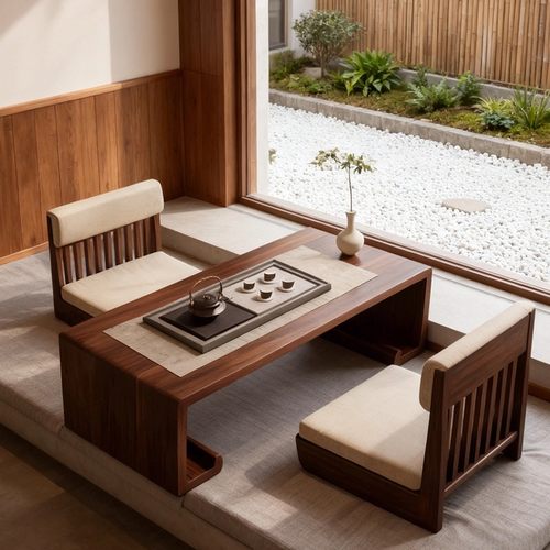 新中式黑胡桃木茶桌椅组合实木茶台茶室飘窗宋氏美学禅意榻榻米