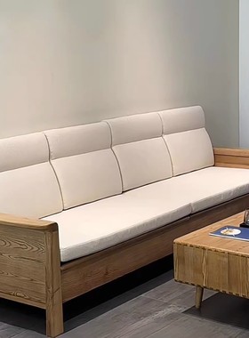 中古风黑胡桃木实木沙发简约真皮高端实木直排三人位侘寂风沙发