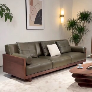 现代简约实木沙发黑胡桃木三人位墨绿色皮质客厅家具极简风沙发