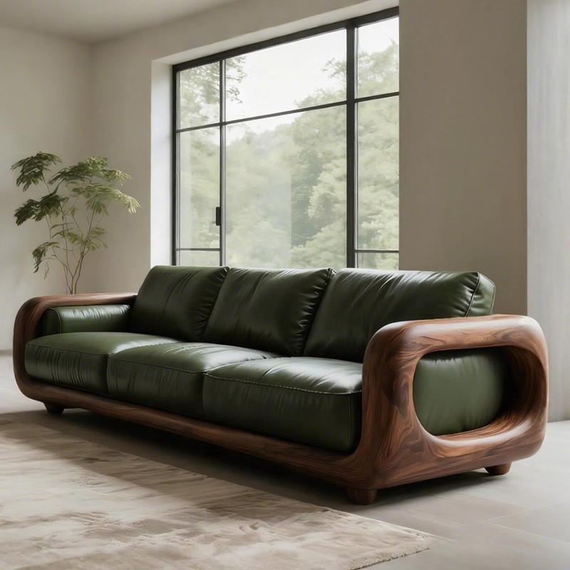 新中式高端实木沙发轻奢皮艺沙发客厅别墅新款直排沙发设计师新款