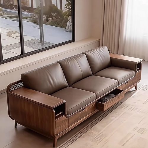 新中式黑胡桃木实木沙发三人位储物收纳客厅家具真皮质高端沙发