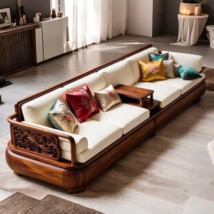 新中式实木罗汉床禅意雕花四人位高端黑胡桃木大户型客厅真皮沙发