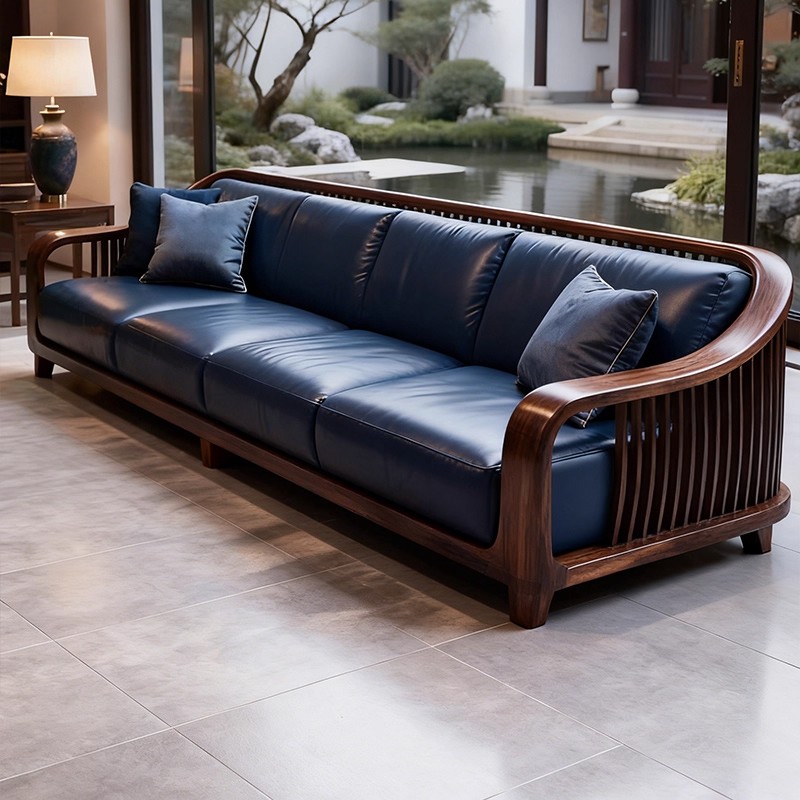 新中式实木沙发三人位黑胡桃木皮质客厅家具简约现代中式实木沙发