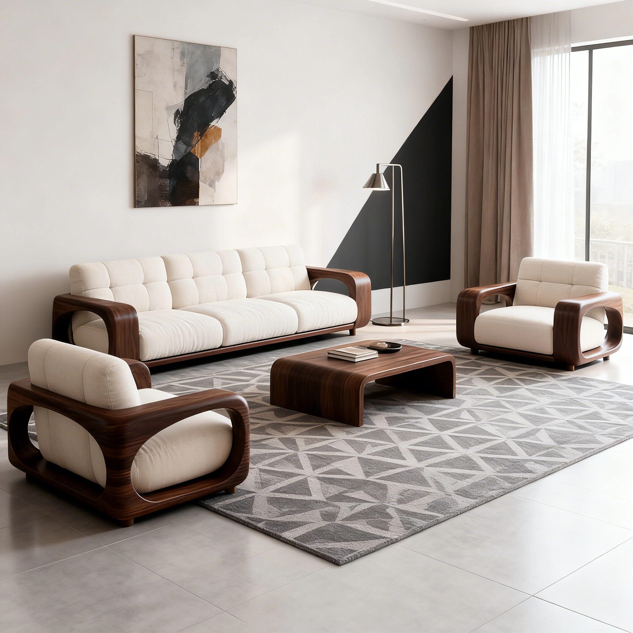 宋式美学黑胡桃木布艺沙发组合新中式简约实木禅意轻奢客厅家具