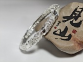 足银9999 百年久诚手工錾刻浮雕叠锻玫瑰半圆条足银手镯