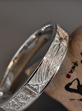 【足银9999】手工錾刻实心平条浮雕梅兰竹菊手镯纯银手镯