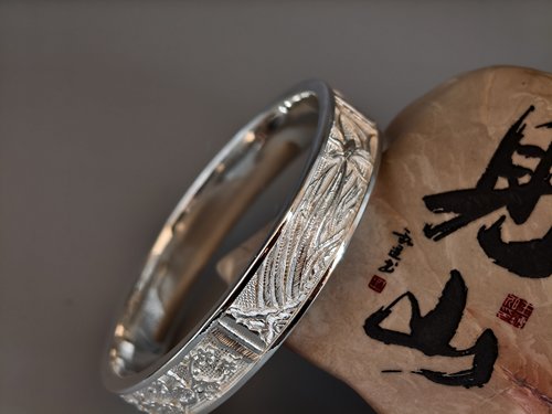 【足银9999】手工錾刻实心平条浮雕梅兰竹菊手镯纯银手镯