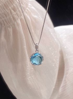 海蓝托帕石水晶项链百搭爆款设计高级感ins风甜美简约锁骨链吊坠