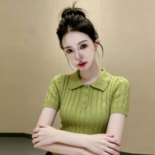牛油果绿Polo领麻花针织短袖夏新款修身显瘦刺绣正肩短款T恤上衣