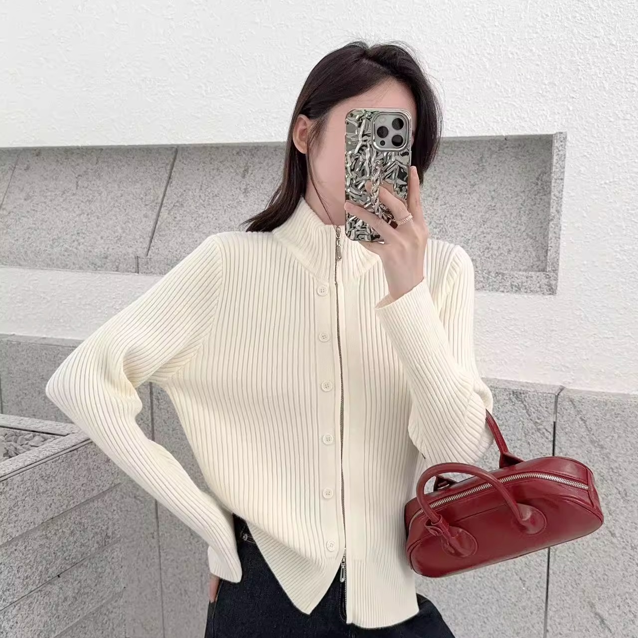 韩系坑条针织开衫半拉链翻领