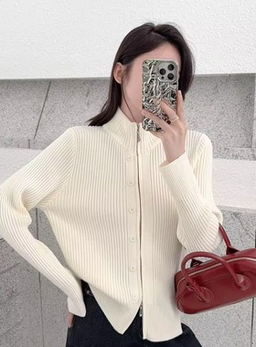 韩系坑条针织开衫半拉链翻领纽扣装饰设计感小众短款修身毛衣女秋