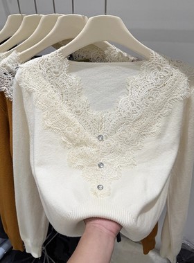 四季青2025秋季新款纯欲风蕾丝拼接长袖针织衫女洋气显瘦软糯毛衣