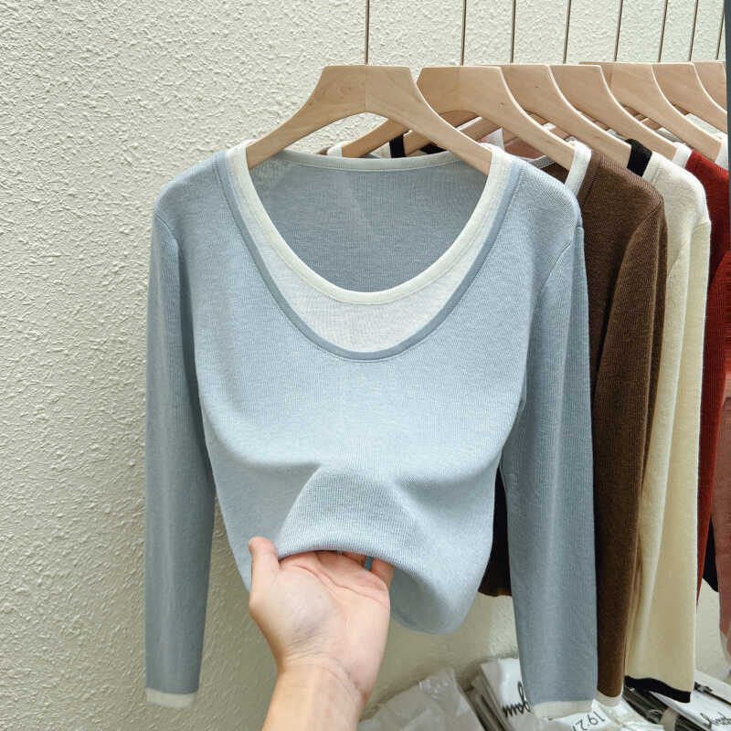 假两件低圆领针织衫女长袖