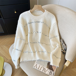 法式 温柔风软糯上衣 气质亮片闪闪毛衣女秋冬款 加厚宽松显瘦针织衫