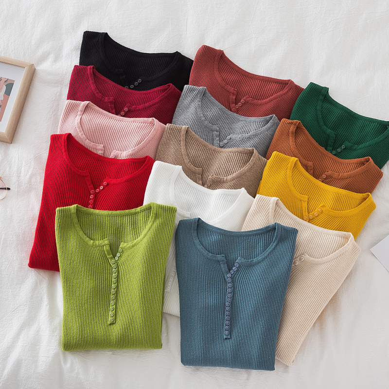 2023秋冬新款圆领纽扣毛衣女套头修身百搭紧身长袖针织打底衫上衣